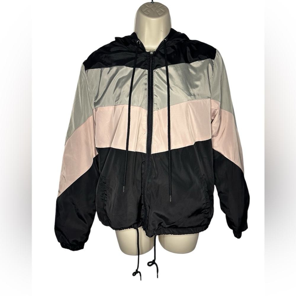 Ashley Women's Faux Fur Lined Windbreaker Jacket Size Medium Zip-Up Black Gray